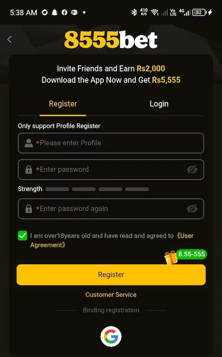 8555bet Game Login and Registration Page