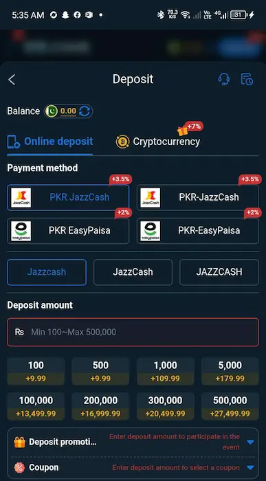 8B Game deposit screen showing JazzCash, EasyPaisa, and cryptocurrency payment options for Pakistani users