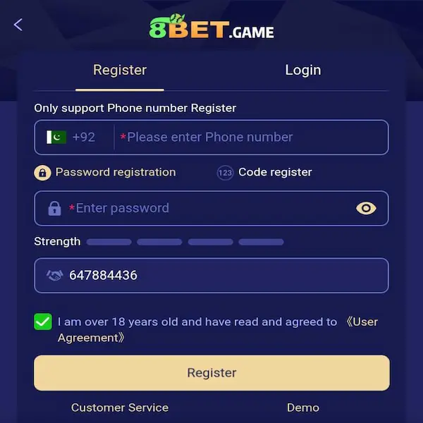 8Bet Game Account Registration and Login Form