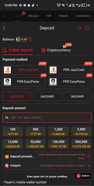 Fly33 Game APK JazzCash and Easypaisa payment deposit interface