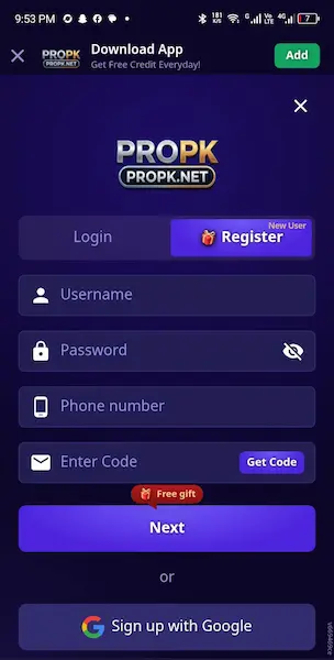 Propk Game login screen and registration interface for Android