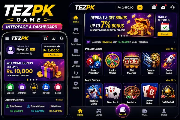 TEZPK Game Earning App Interface and Dashboard