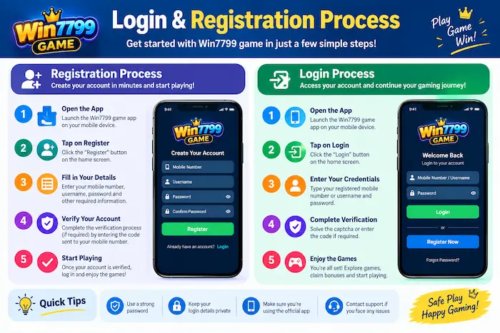 Win7799 Game Login and Registration Steps Infographic