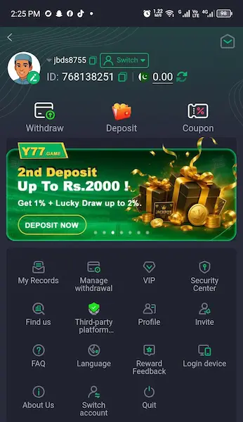 Y77 Game deposit bonus screen and payment options on mobile