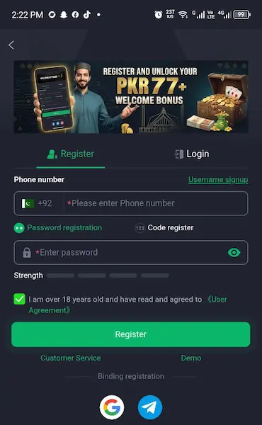 Y77 Game login and registration interface on mobile screen